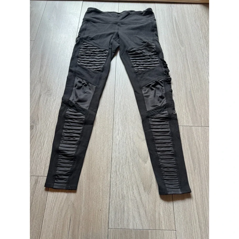 Alo Yoga Moto Leggings Black Ribbed Quilted Mesh Performance S Athletic W5494R